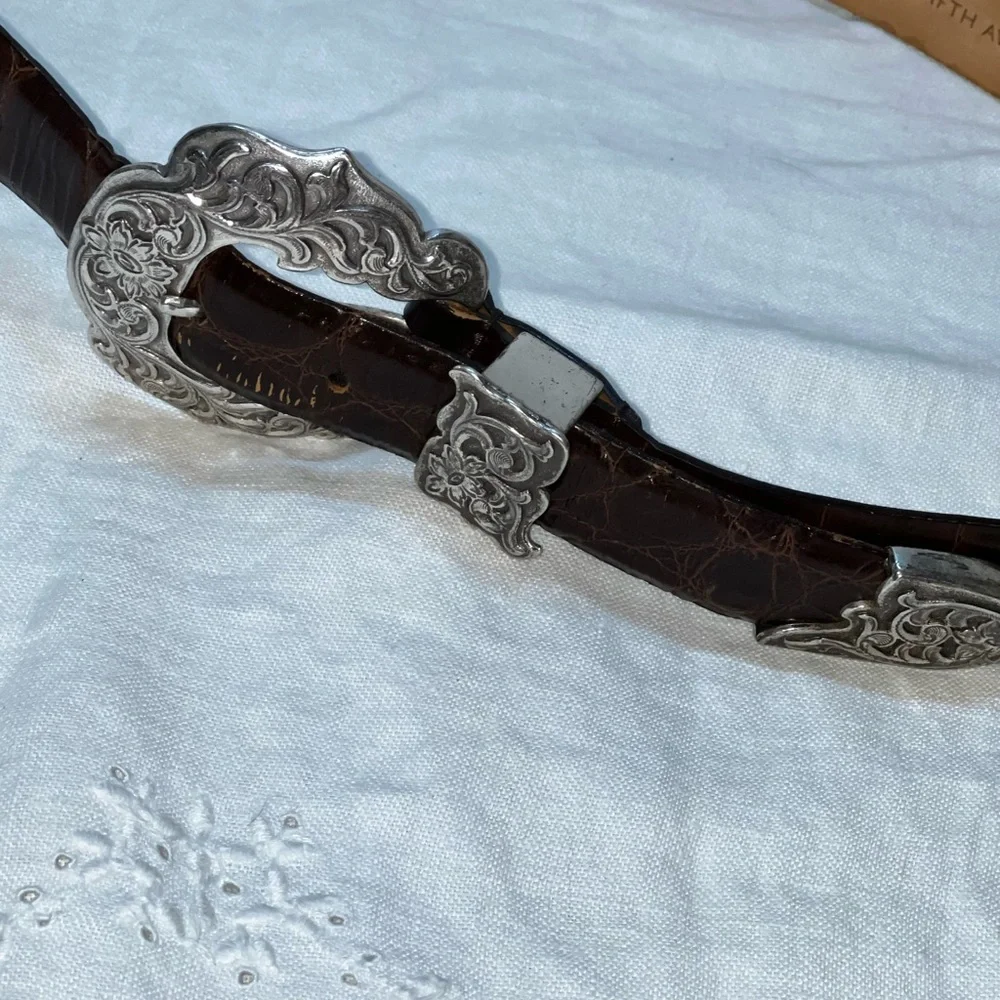 Saks Fifth Avenue -Brown Leather Belt with Silver engraved Buckle‎ medium